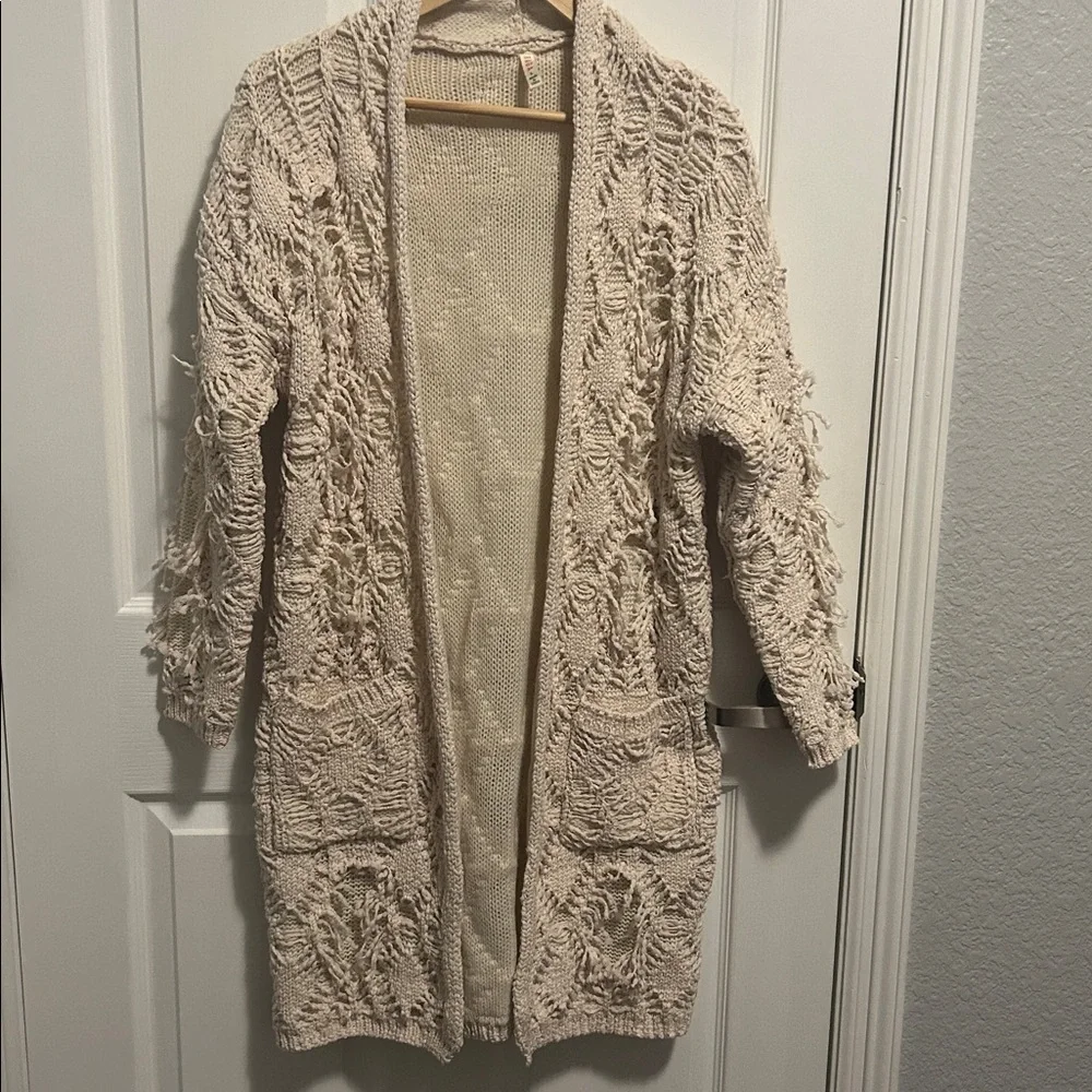 Anthro RAGA fisherman‎ fringe boho cream chunky cardigan Sz large